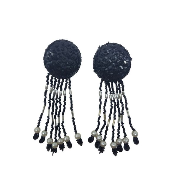 Vintage Black & Silver Sequin Beaded Fringe Clip-On Earrings | Circa 1980s-1990s - Picture 6 of 7